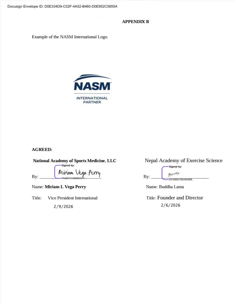 NASM authorization document for NAES Academy Nepal