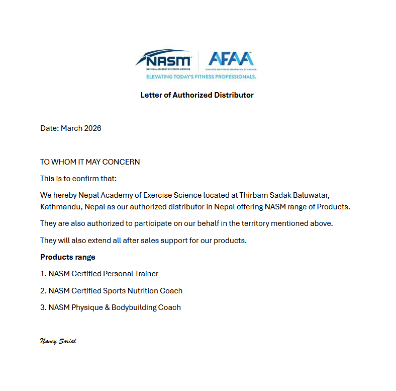 NASM partnership proof document for NAES Nepal